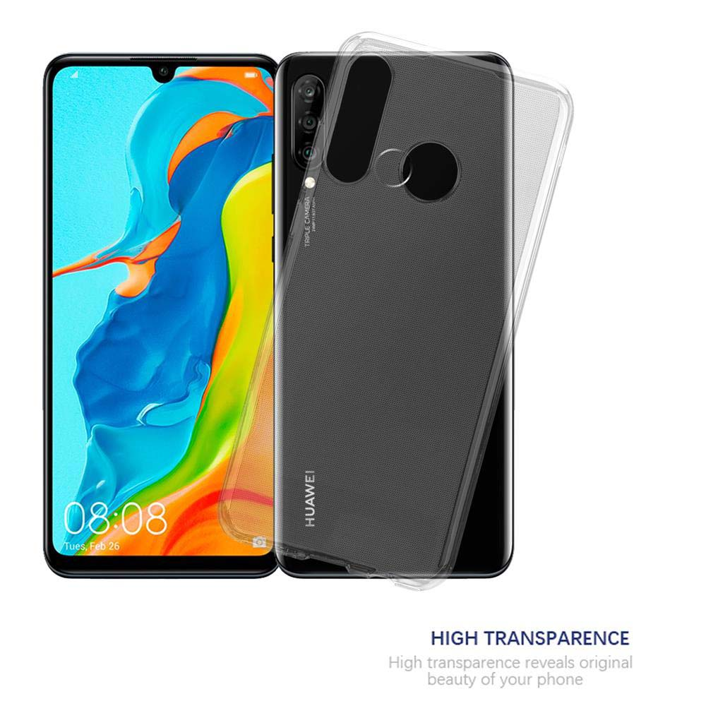 Schwarzes Telefon mit klarer Hülle, zwei Kameras und einer Waterdrop-Kerbe. Weißer Hintergrund.