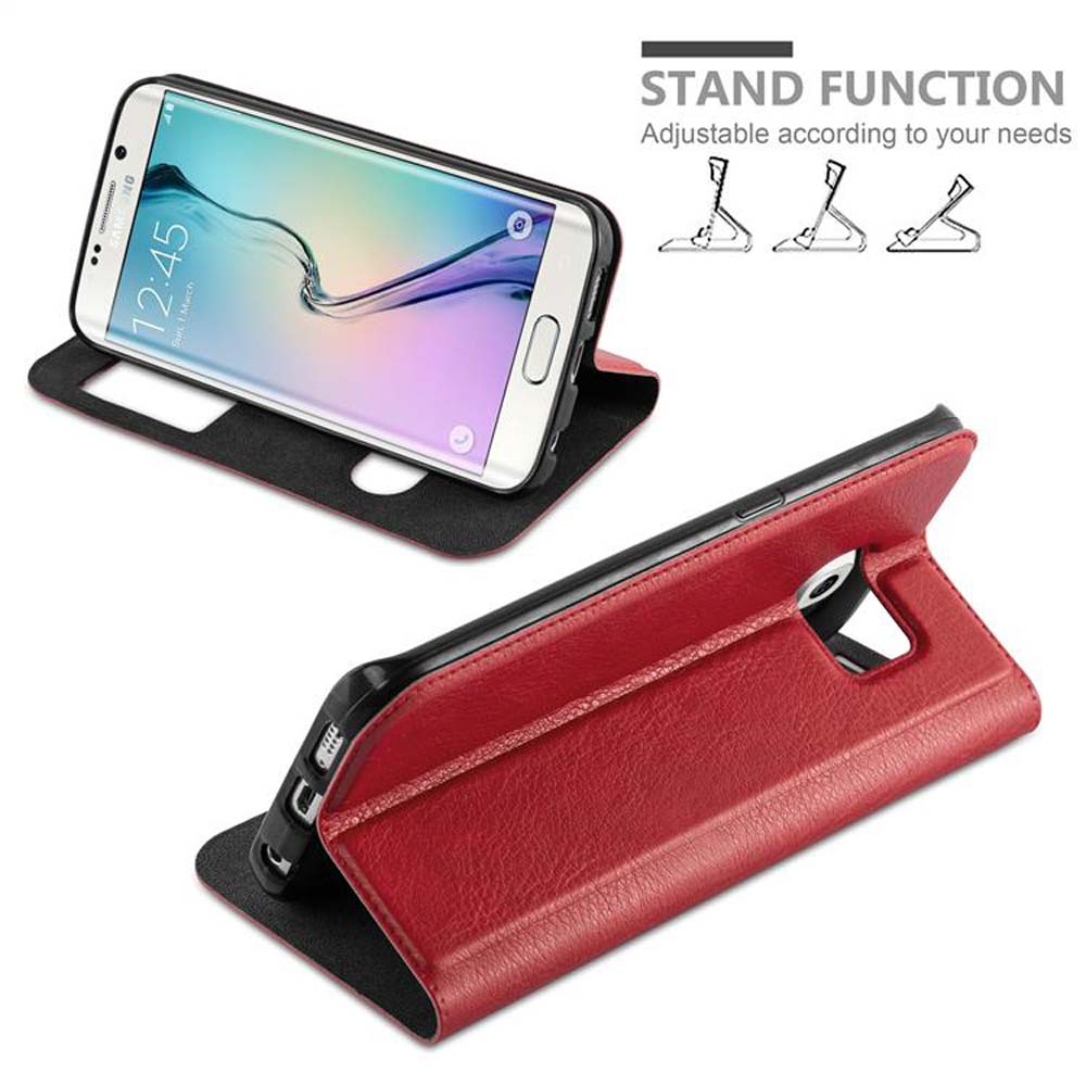 Custodia rossa con smartphone bianco all'interno, aperta per supporto. Testo: Funzione supporto. Regolabile in base alle tue esigenze.