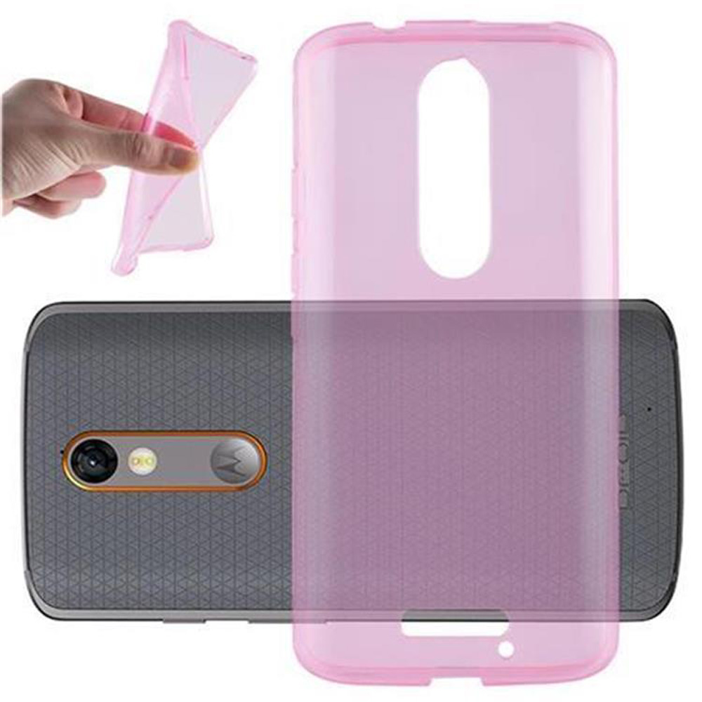 Funda rosa para teléfono colocándose en un teléfono gris. Una funda rosa al lado.