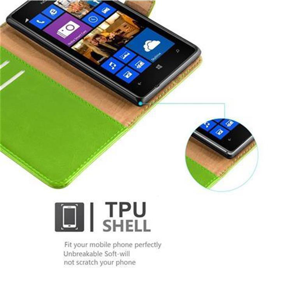 Telefono con custodia verde e marrone, icone sullo schermo e l'etichetta della scocca in TPU.