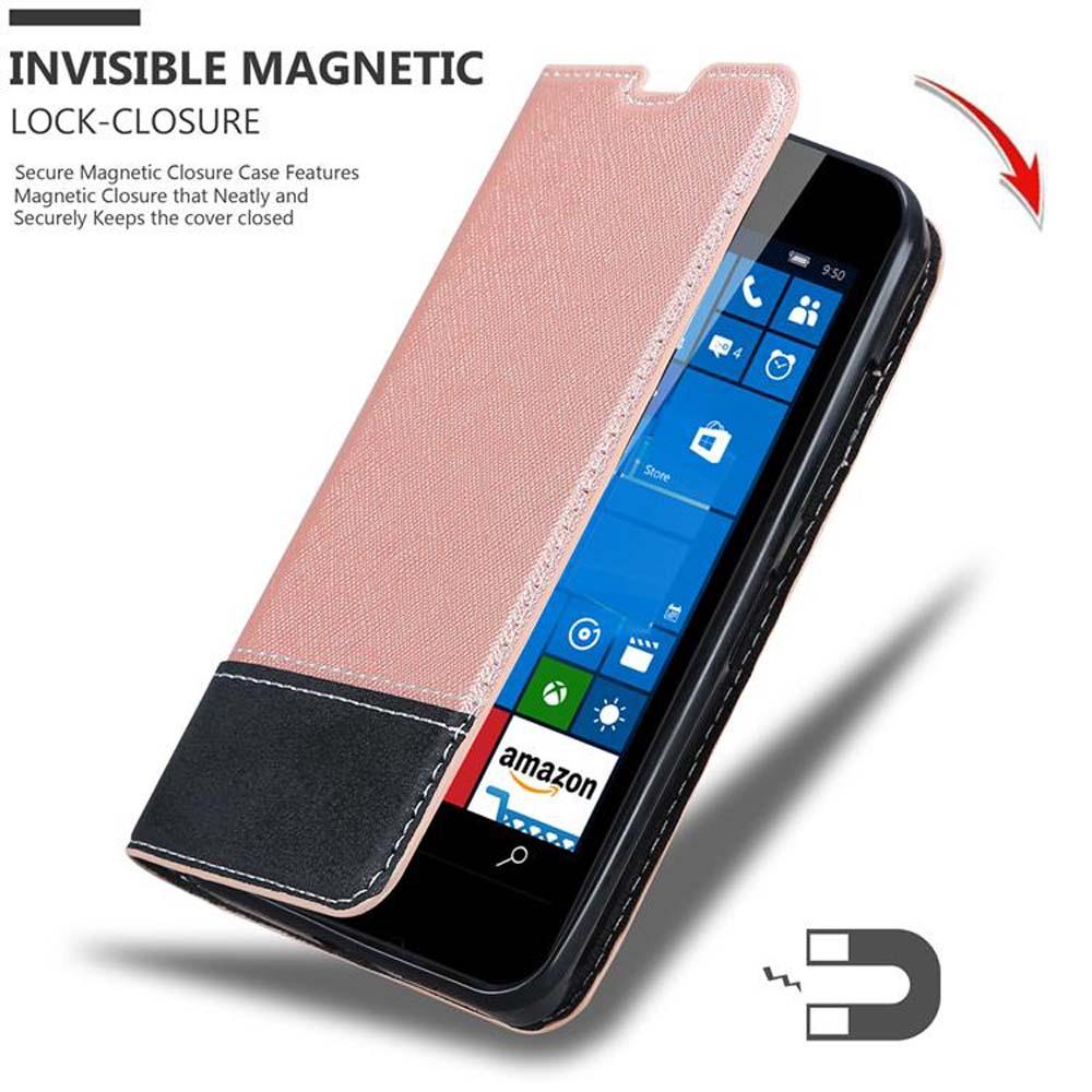 Custodia per telefono rosa, aperta, con un'icona a calamita. Chiusura magnetica invisibile.