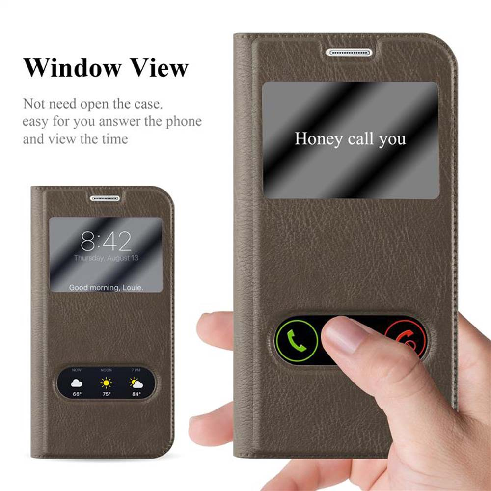 Custodia per telefono con vista finestra, che mostra lo schermo del telefono e una mano che tocca lo schermo.