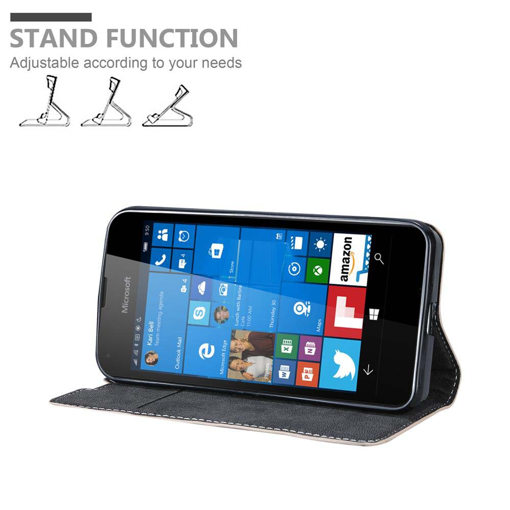 Telefono nero in una custodia che mostra app, con testo 'STAND FUNCTION'.