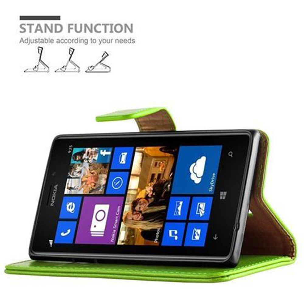 Un telefono in una custodia verde su un supporto. Il telefono ha delle icone. Il testo dice: Funzione supporto.