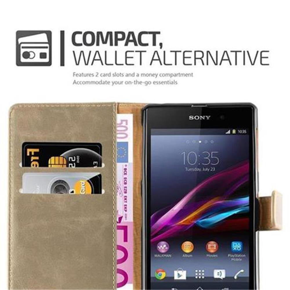 Custodia a portafoglio marrone con telefono e carte visibili. 2 slot per carte. Aperta.