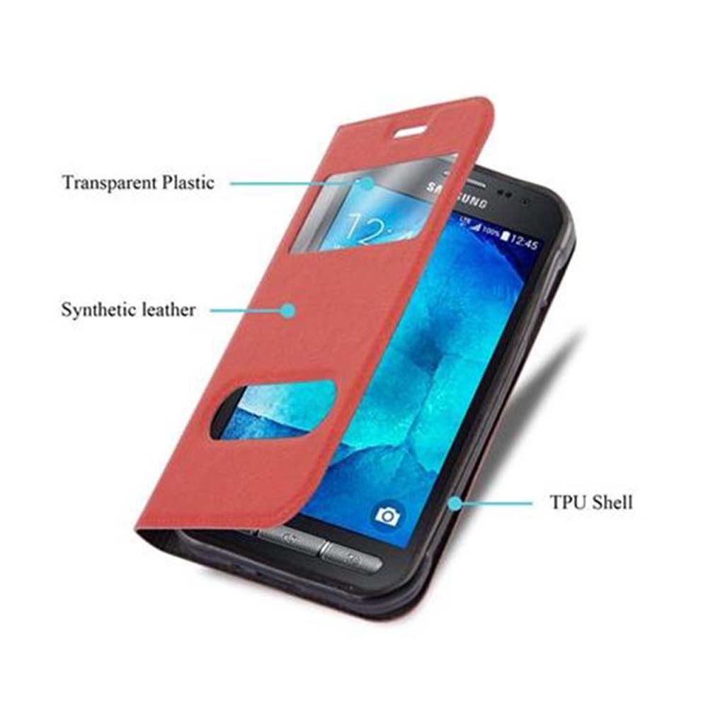 Custodia rossa aperta con telefono all'interno, che illustra guscio TPU e pelle sintetica.