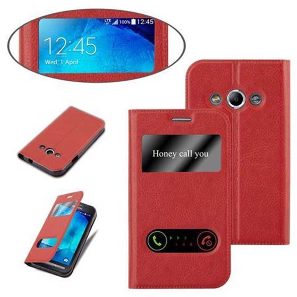 Custodia rossa per telefono, viste multiple. Schermo del telefono visibile. Testo 'Honey call you'.