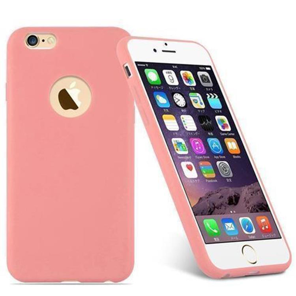 Una custodia per telefono rosa con un logo a forma di mela. Un telefono bianco con icone è leggermente inclinato verso destra.
