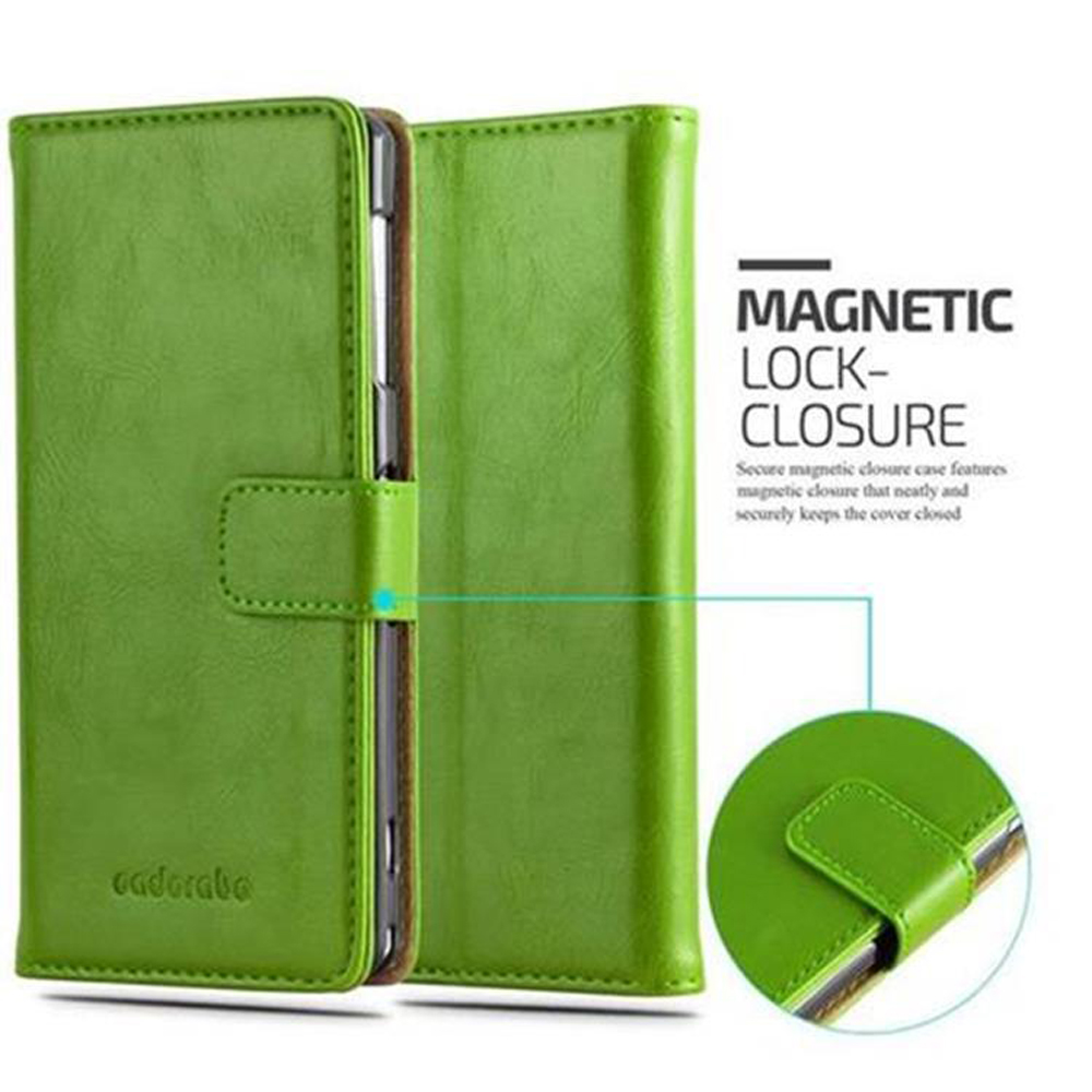 Custodia verde per telefono, aperta, che mostra un telefono all'interno. Dettagli di chiusura magnetica con un primo piano della chiusura.