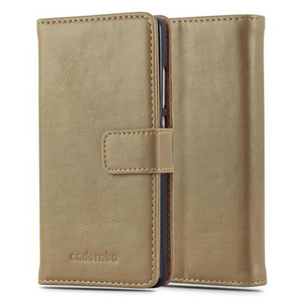 Funda para teléfono cerrada, de color marrón claro. La funda tiene un cierre magnético.
