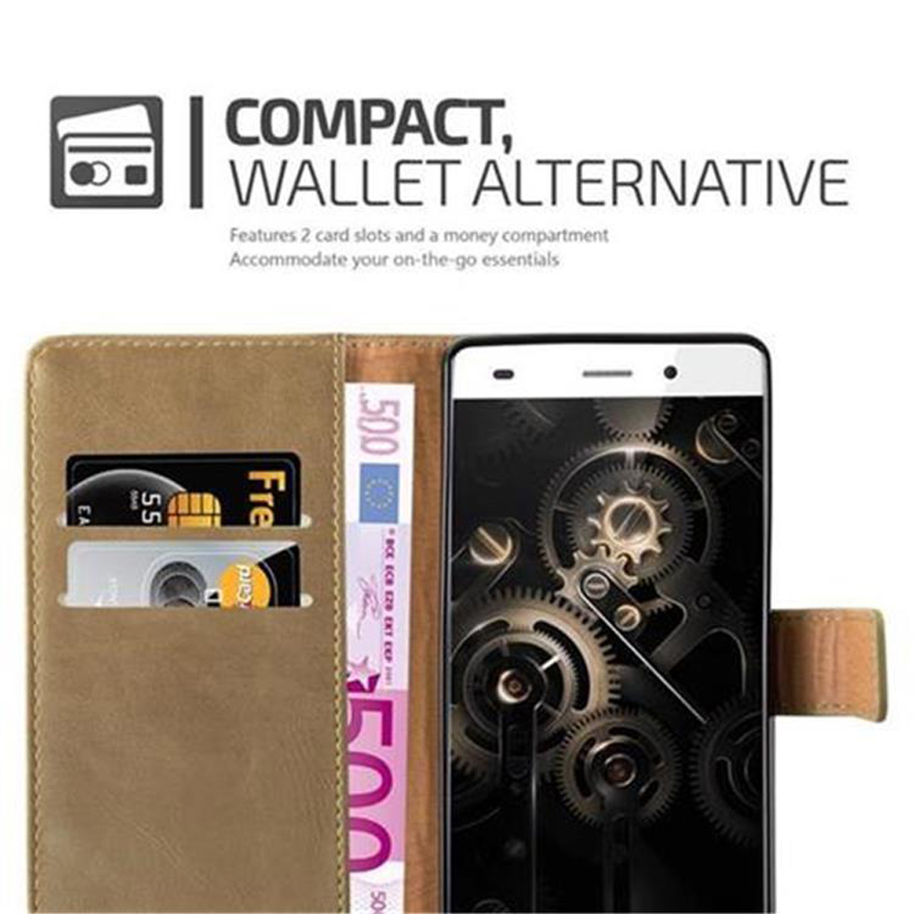 Una funda de teléfono con ranuras para tarjetas y un compartimento para dinero. Un teléfono está en la funda, mostrando la pantalla.