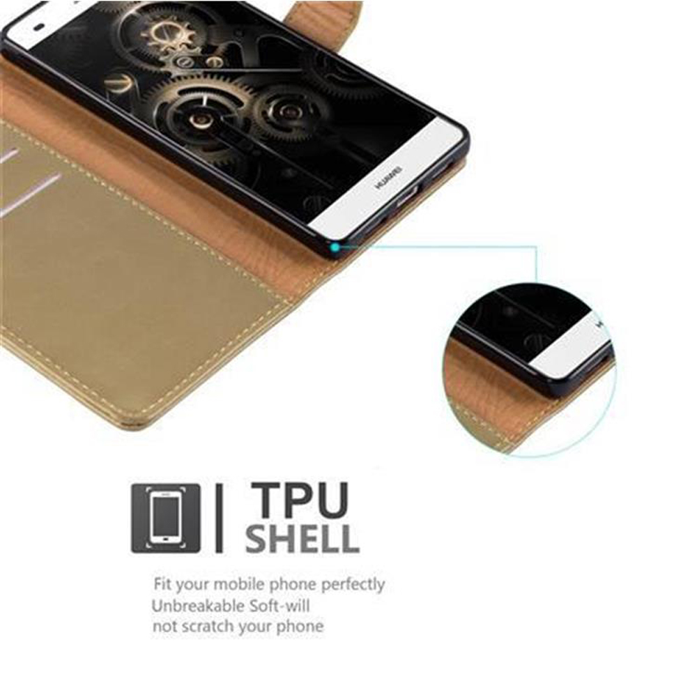 Teléfono y funda. Pantalla del teléfono muestra engranajes. Parte inferior de la funda dice 'TPU SHELL'.