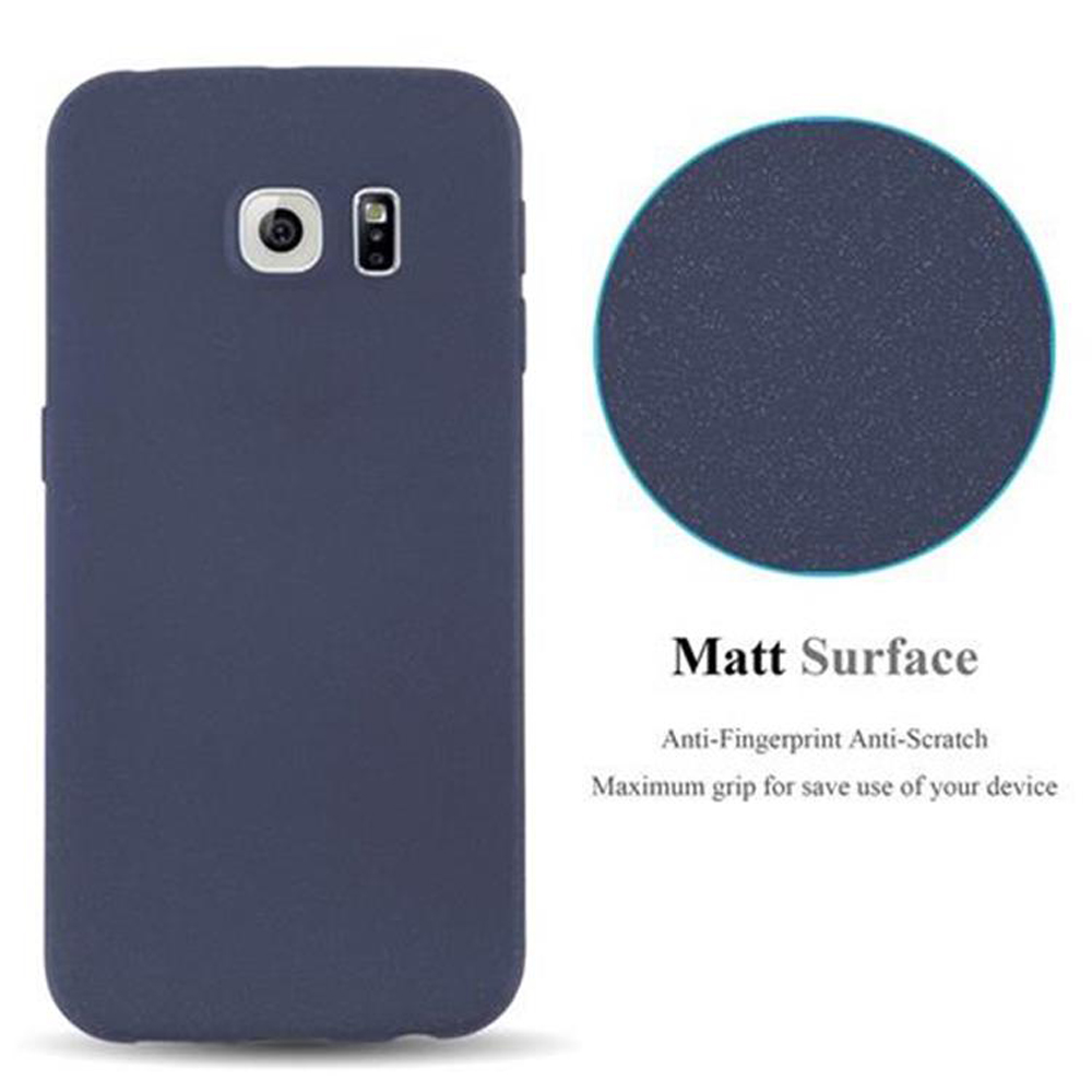 Una custodia per telefono blu scuro con un cerchio. Il testo dice Superficie opaca, antigraffio, massima presa per un uso sicuro.