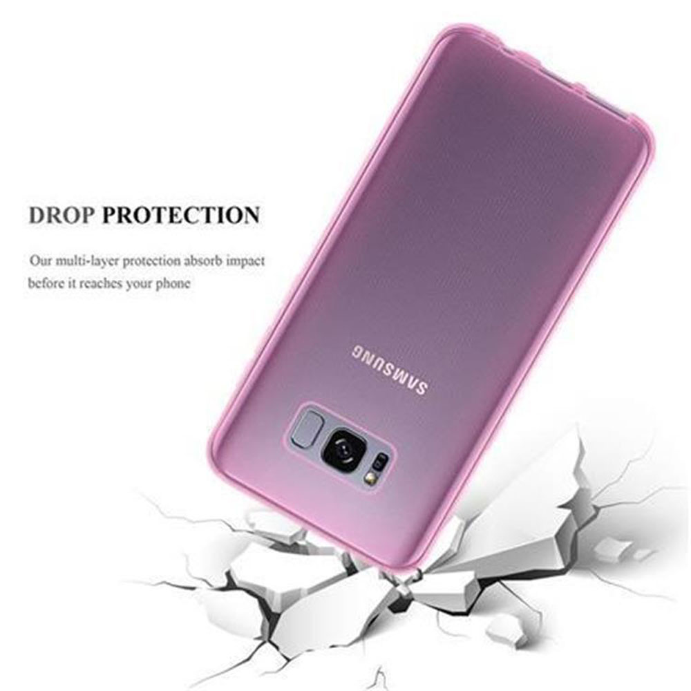 Rosa Handyhülle auf Weiß. Die Hülle befindet sich auf einer rissigen Oberfläche. Drop Protection Text im Hintergrund.