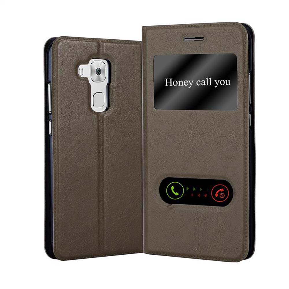 Funda de teléfono marrón abierta, mostrando pantalla con 'Honey call you' y botones.