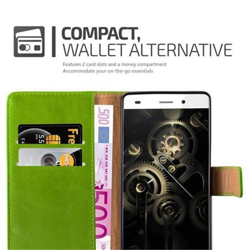 Un teléfono en una funda tipo cartera verde, con ranura para tarjeta y algo de dinero. El teléfono está encendido.