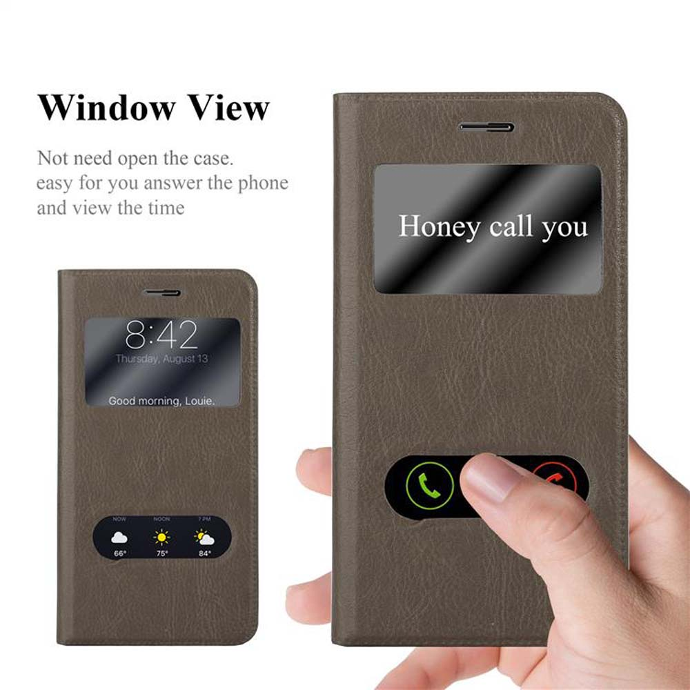 Funda de teléfono marrón con ventana que muestra una pantalla de llamada. Mano con botón de llamada.