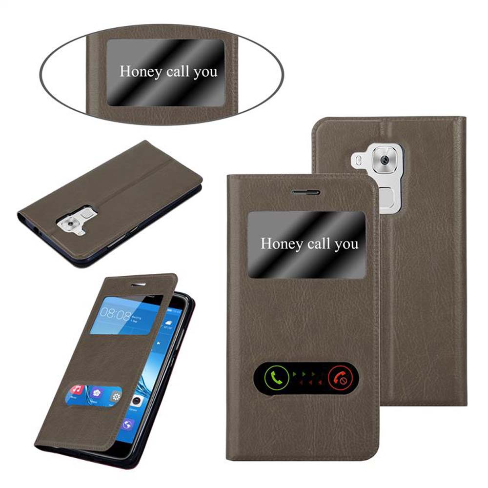 Funda de teléfono marrón con ventana. El teléfono muestra la hora e icono de llamada. Texto: Honey te llama.