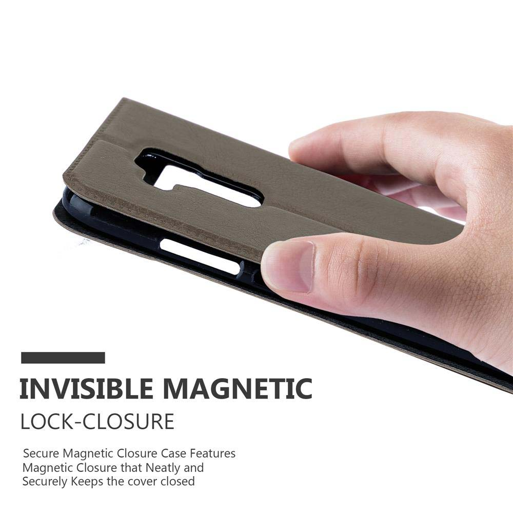 Funda de teléfono con cierre magnético. Texto: Cierre magnético invisible. Teléfono parcialmente visible.