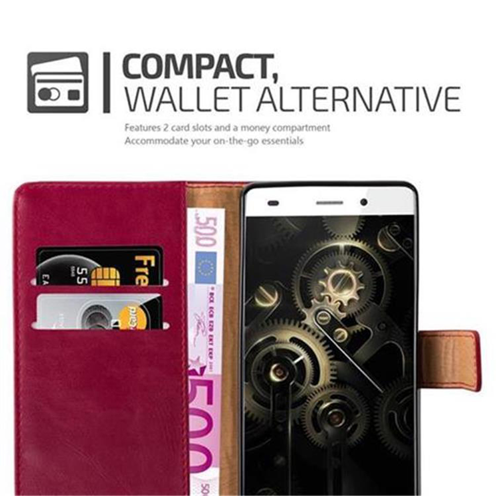 Funda de teléfono abierta con teléfono, ranuras para tarjetas y dinero, texto: COMPACT, WALLET ALTERNATIVE.