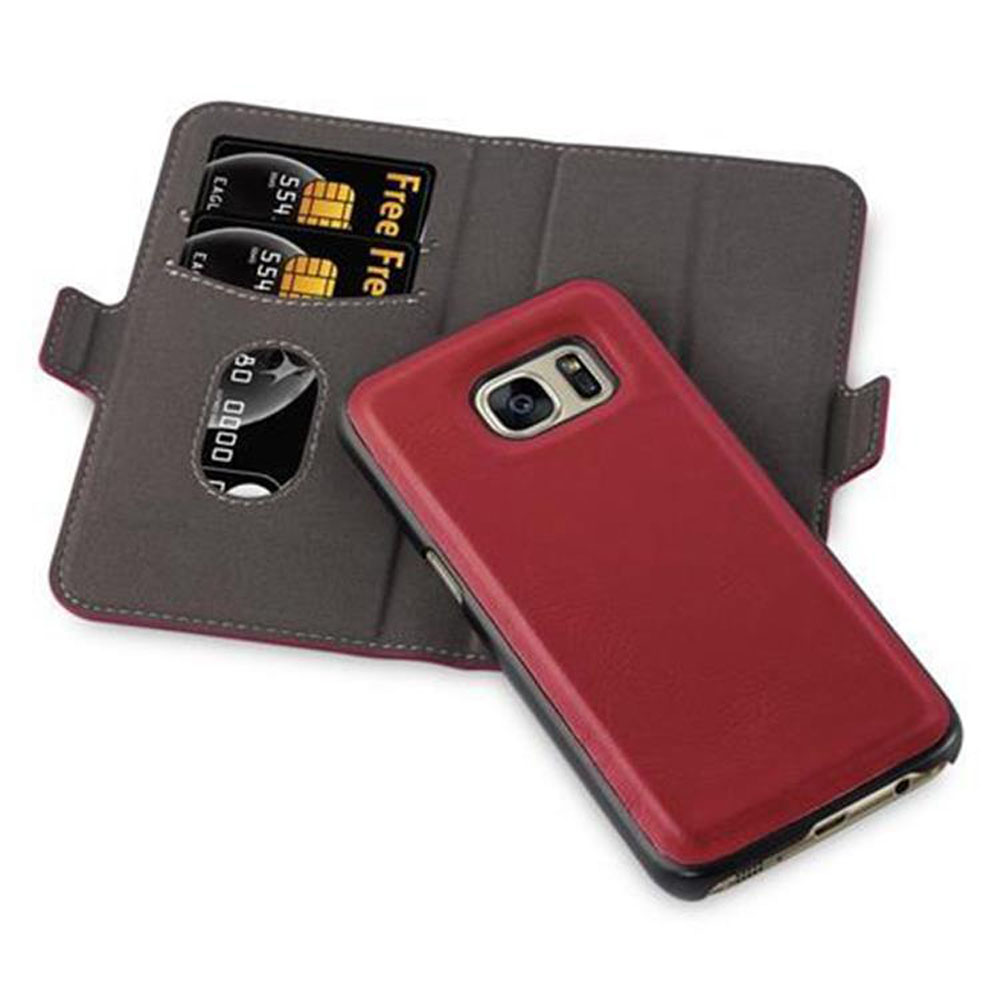 Eine Handyhülle mit rotem Telefon und Kartenfächern.