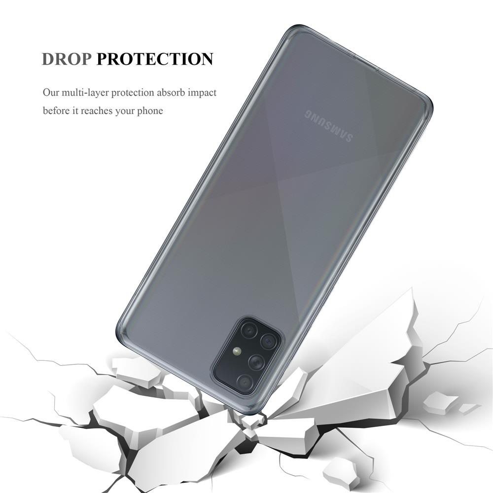 Transparente Handyhülle auf weißem Hintergrund. Telefon auf weißer Plattform, darunter Risse.