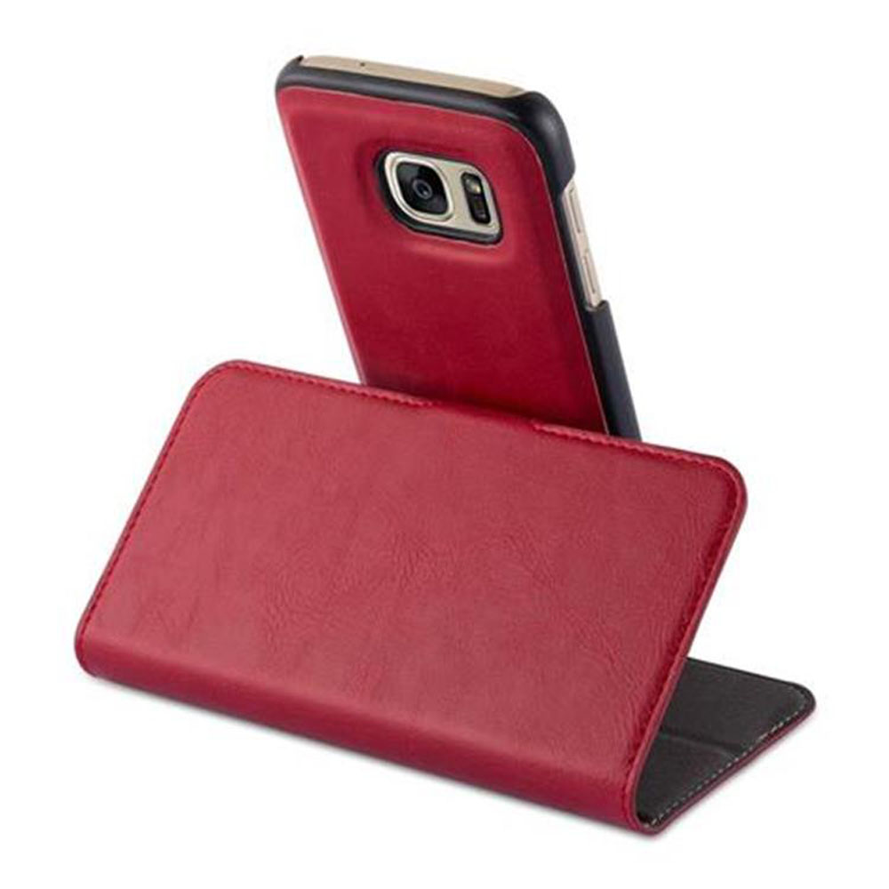 Rote Handyhülle aufgeklappt, Telefon sichtbar. Nahaufnahme von Hülle und Telefon.