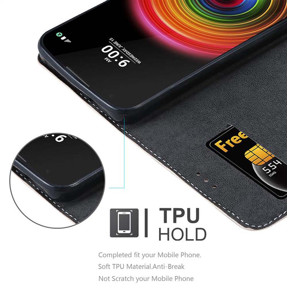 Un telefono in una custodia, lo schermo mostra data e ora. La custodia ha uno slot per carte di credito. TPU e funzioni anti-rottura.