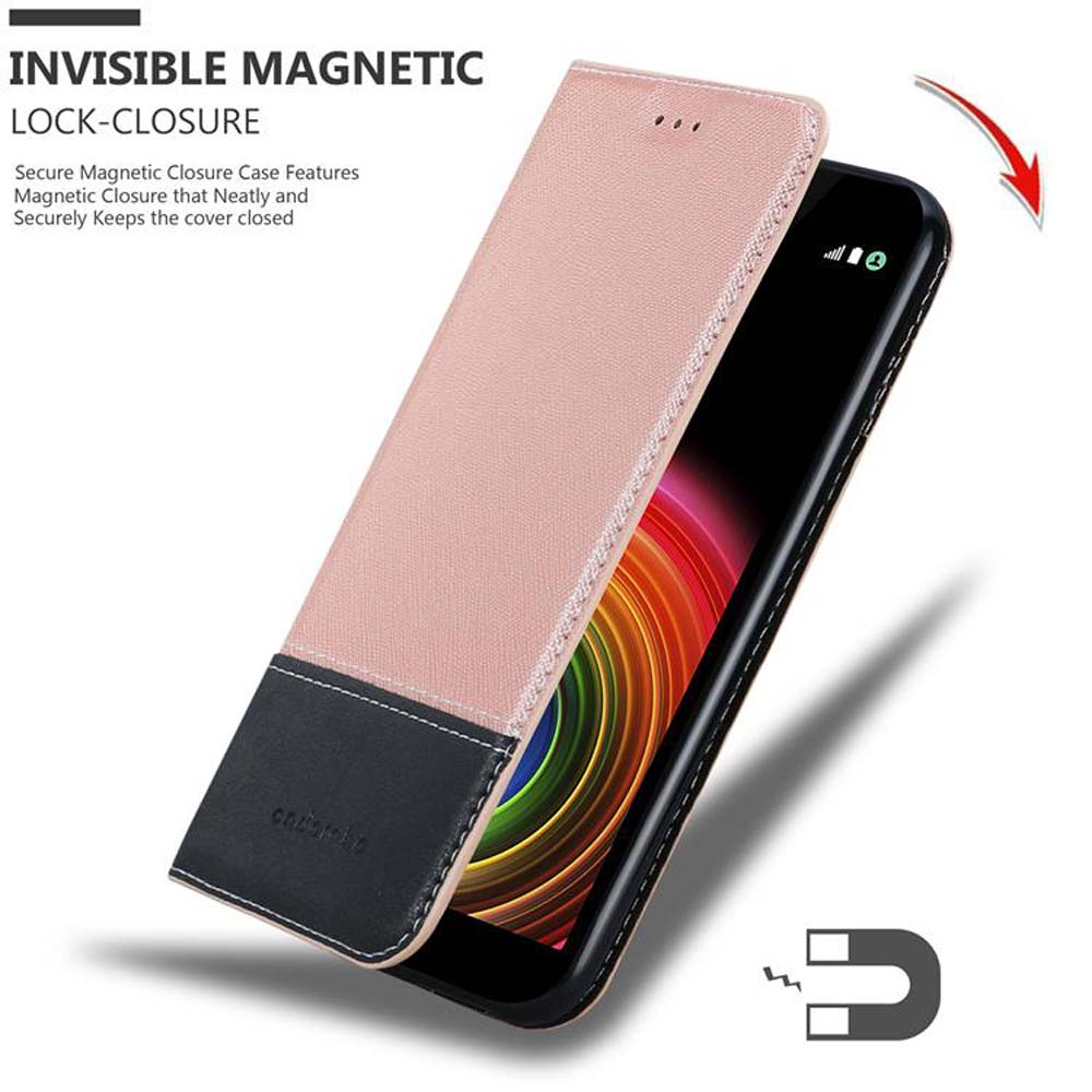 Una custodia per telefono rosa e nera con chiusura magnetica. Un telefono è dentro.