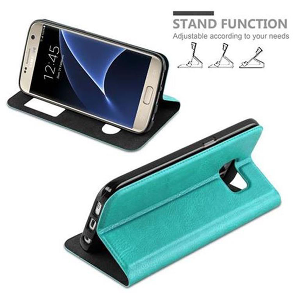Telefono in custodia, aperto e chiuso. La custodia è turchese. Testo sulla funzione stand.