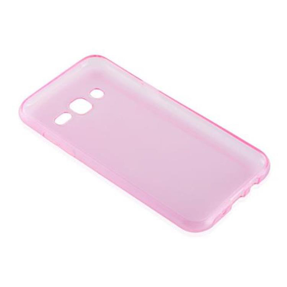 Custodia rosa per telefono, vista angolata. La custodia ha ritagli per la fotocamera e altre funzioni del telefono.