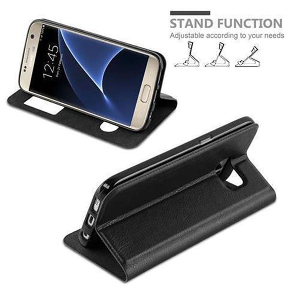 Custodia per telefono in pelle nera con telefono. Viene mostrata la funzione stand.
