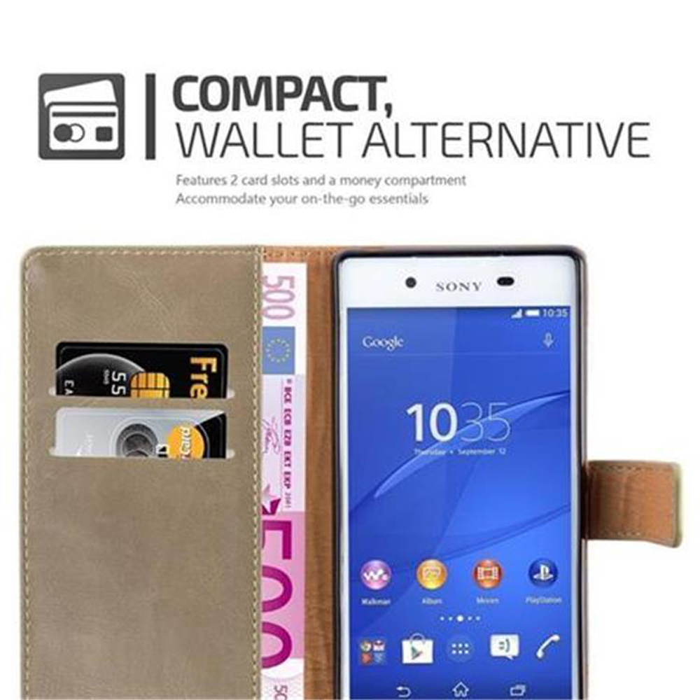 Telefono in custodia a portafoglio con carte e denaro. Testo: Compatto, Alternativa portafoglio.