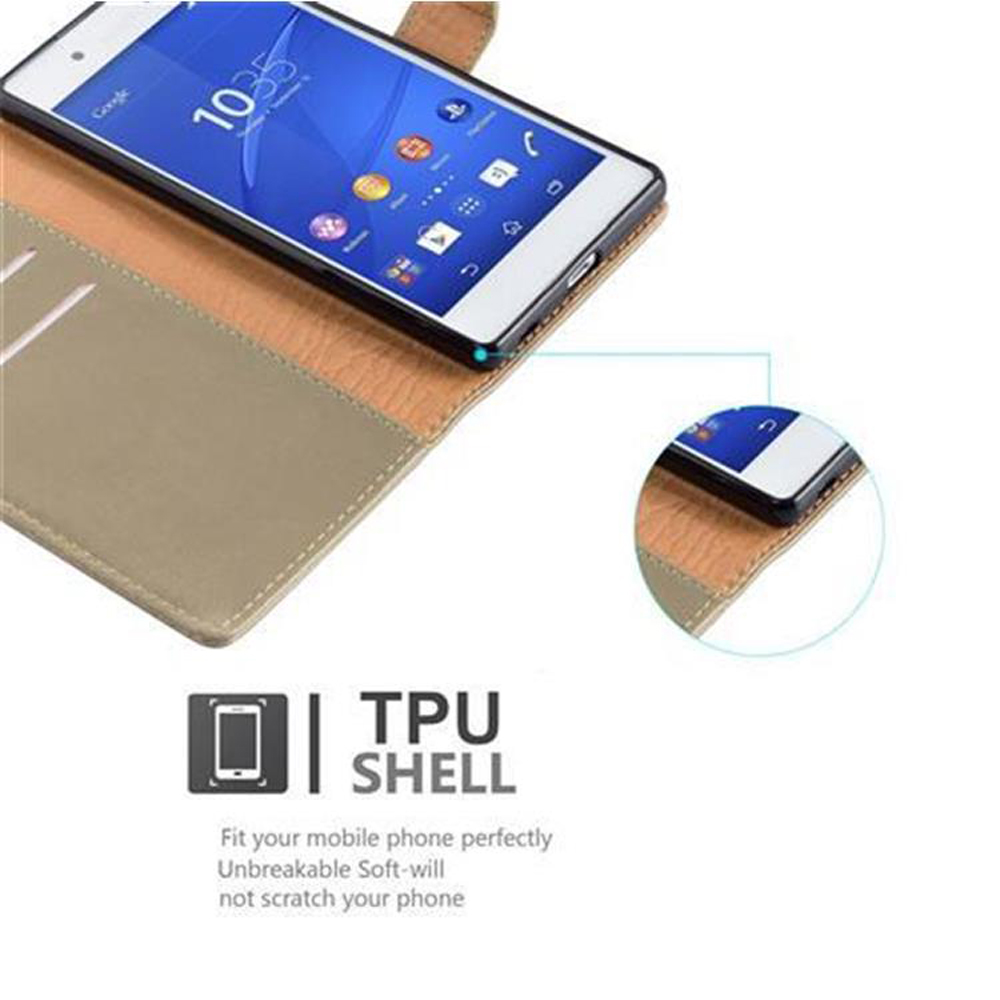 Telefono in custodia aperta. Lo schermo mostra l'ora. Sfondo bianco. Testo TPU Shell e diagramma del telefono.