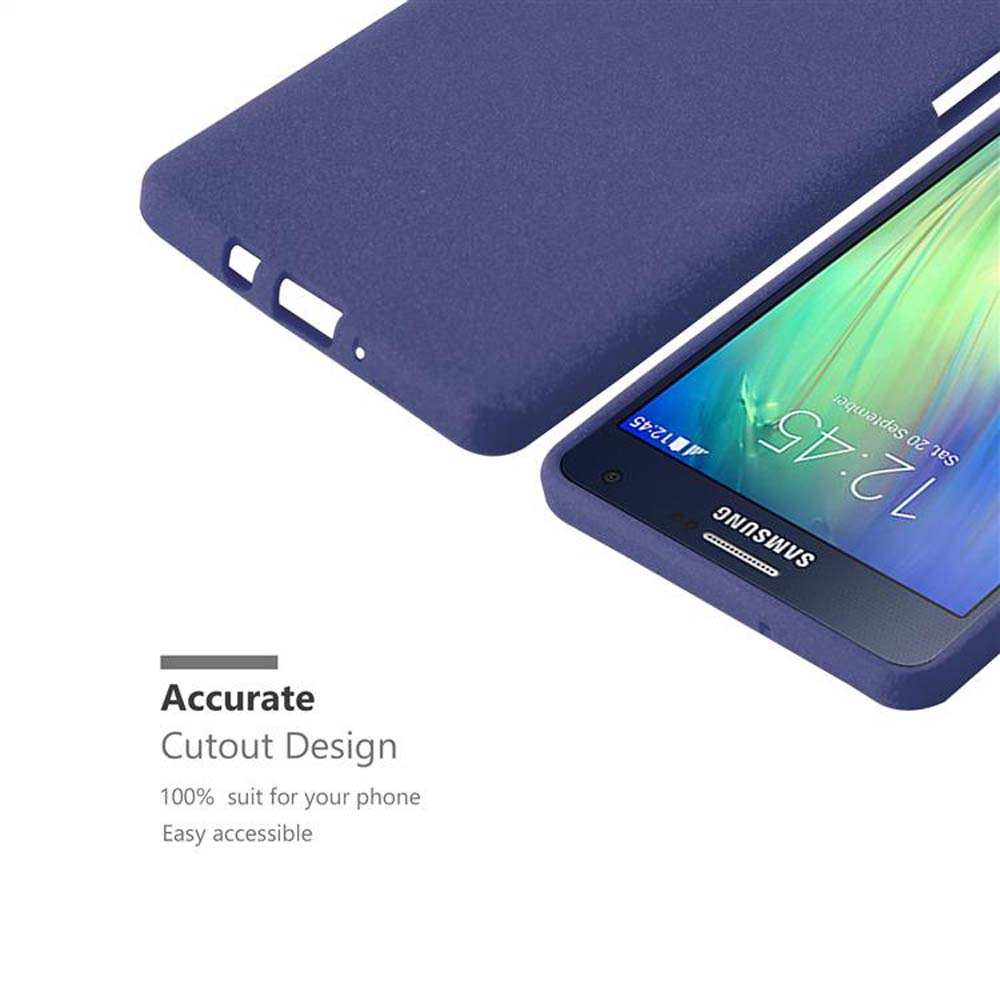 Una custodia blu per telefono e telefono su sfondo bianco. Testo: Design con ritaglio preciso.