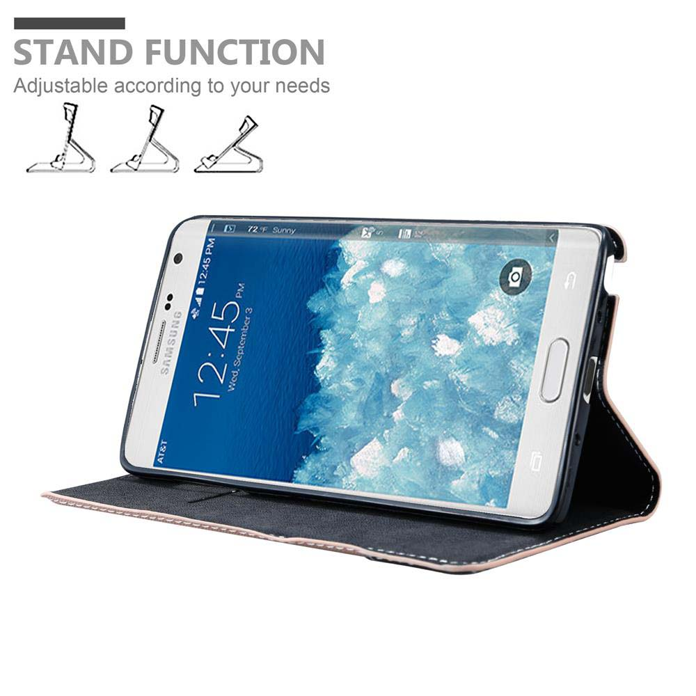 Telefon in einer Hülle, offen stehend. Der Bildschirm zeigt ein blaues und weißes Bild.