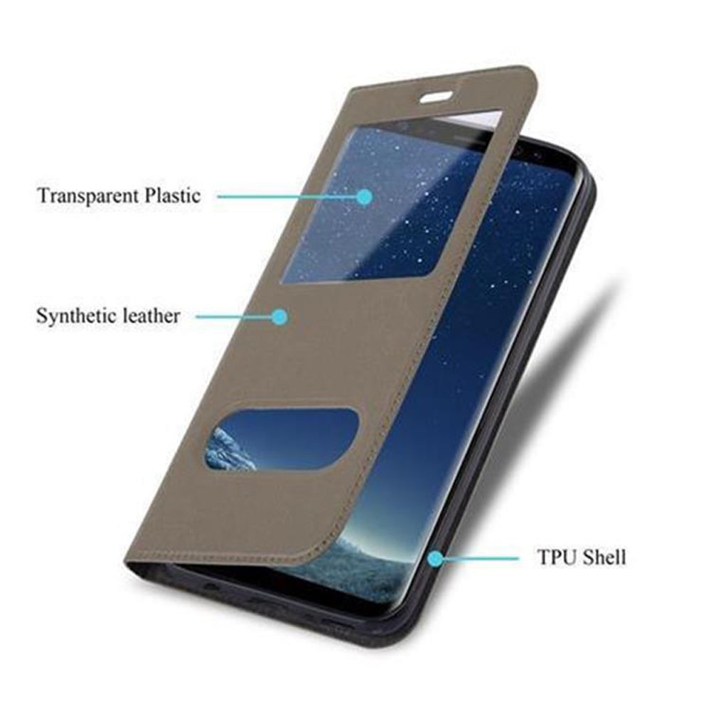 Custodia per telefono, aperta, con telefono dentro. Marrone e plastica trasparente. Pelle sintetica e TPU.