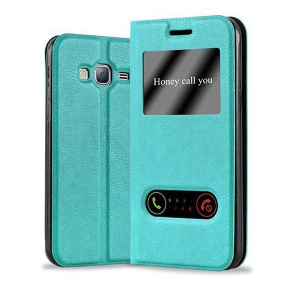 Funda de teléfono verde azulado con un teléfono dentro, con ventana y notificación de llamada.