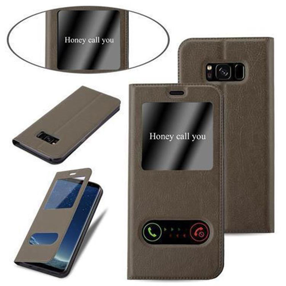 Diverse viste di una custodia marrone con un telefono che dice 'Honey call you'.