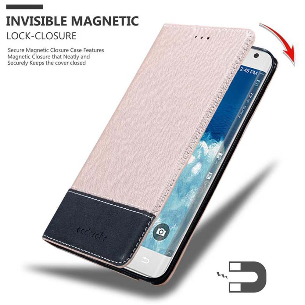 Eine Handyhülle, geöffnet, um das Telefon zu zeigen. Die Hülle ist rosa, mit einem dunkelblauen Abschnitt.
