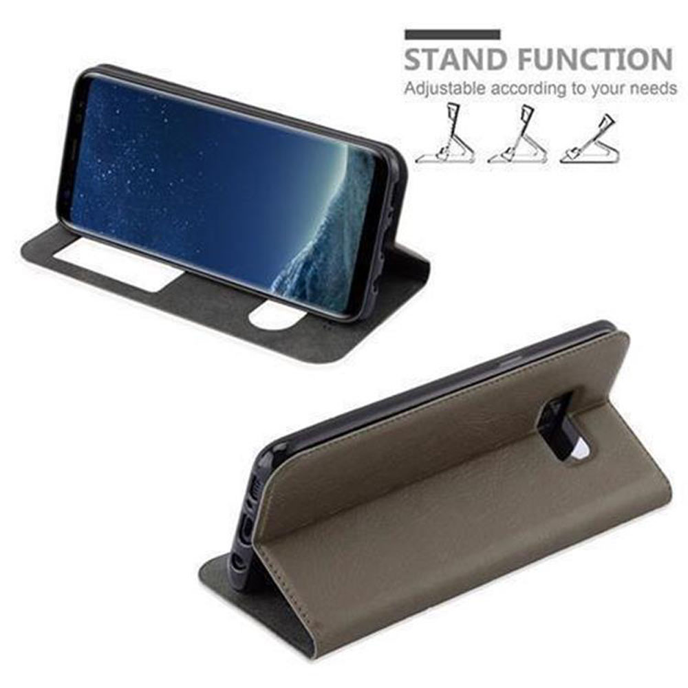 Telefono in una custodia, con funzione stand, sfondo bianco.
