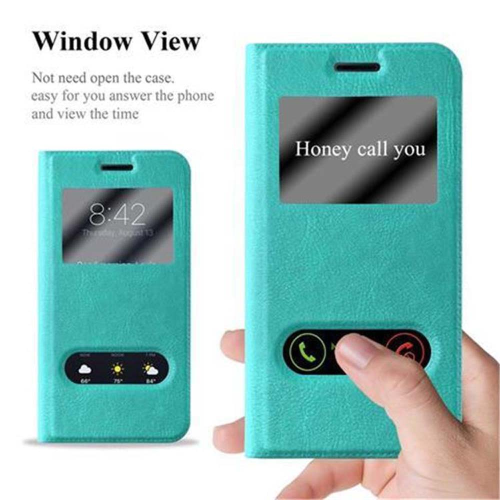 Funda de teléfono turquesa con ventana, mostrando pantalla con texto.