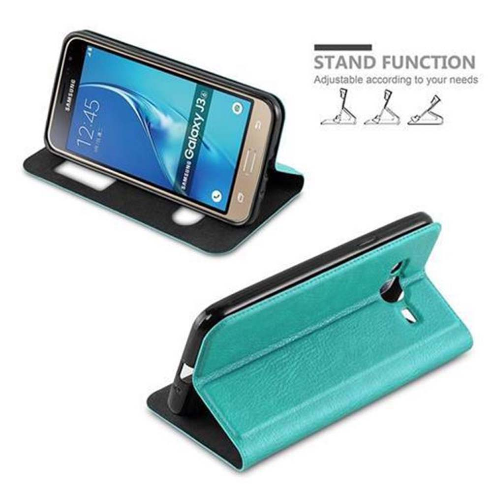Funda negra con un teléfono dentro. La funda está de pie con el teléfono.