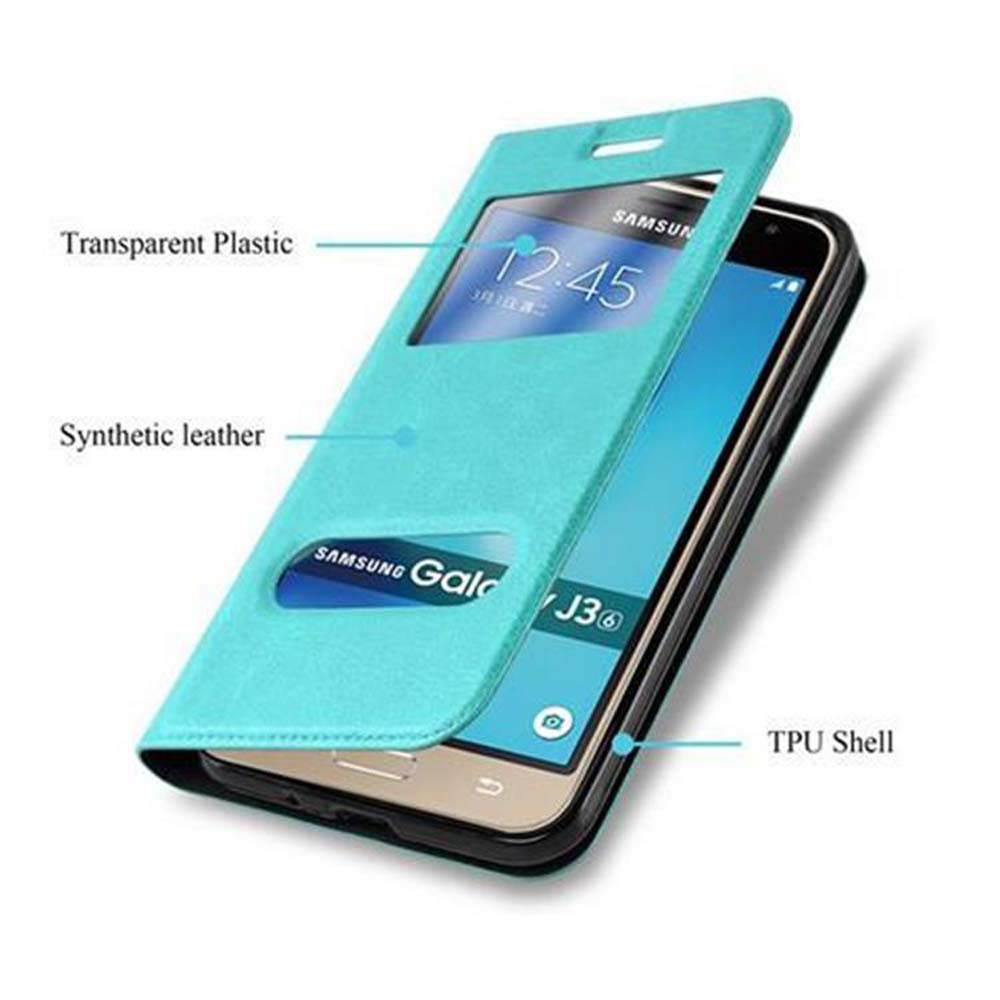 Una funda de teléfono azul con un teléfono. Un letrero de plástico transparente y cuero sintético.