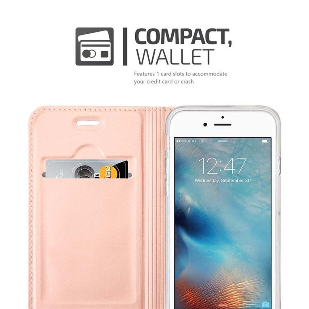 Telefon in rosa Brieftaschenhülle, Kreditkarte sichtbar.