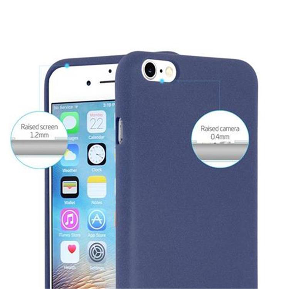 Custodia blu con telefono bianco, mostra protezione fotocamera e schermo.
