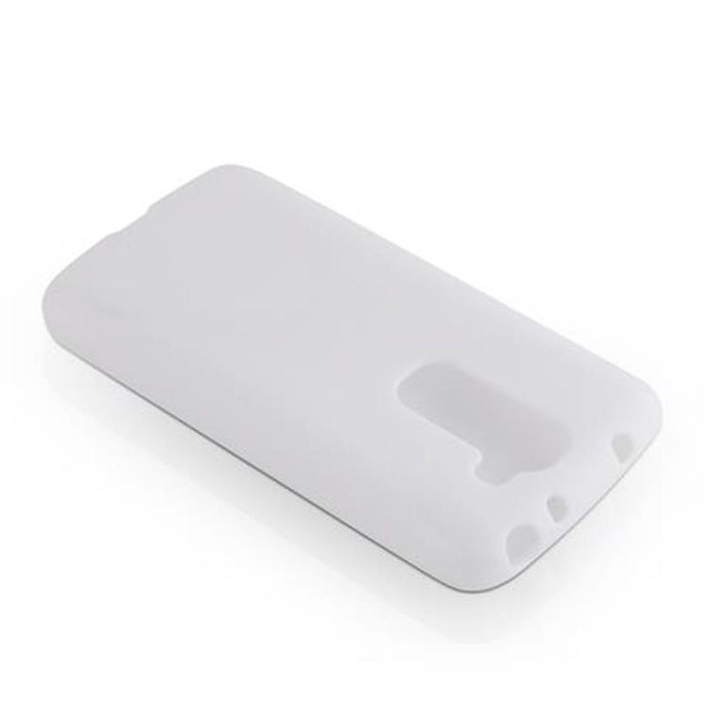 Una custodia bianca per telefono su sfondo bianco. La custodia ha ritagli per pulsanti e porte.