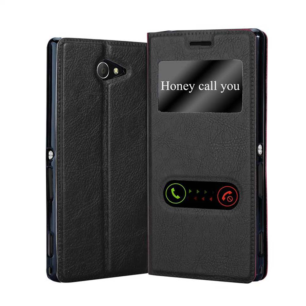 Una funda de teléfono de cuero negro con una ventana, que muestra notificaciones de llamadas y una pantalla del teléfono.