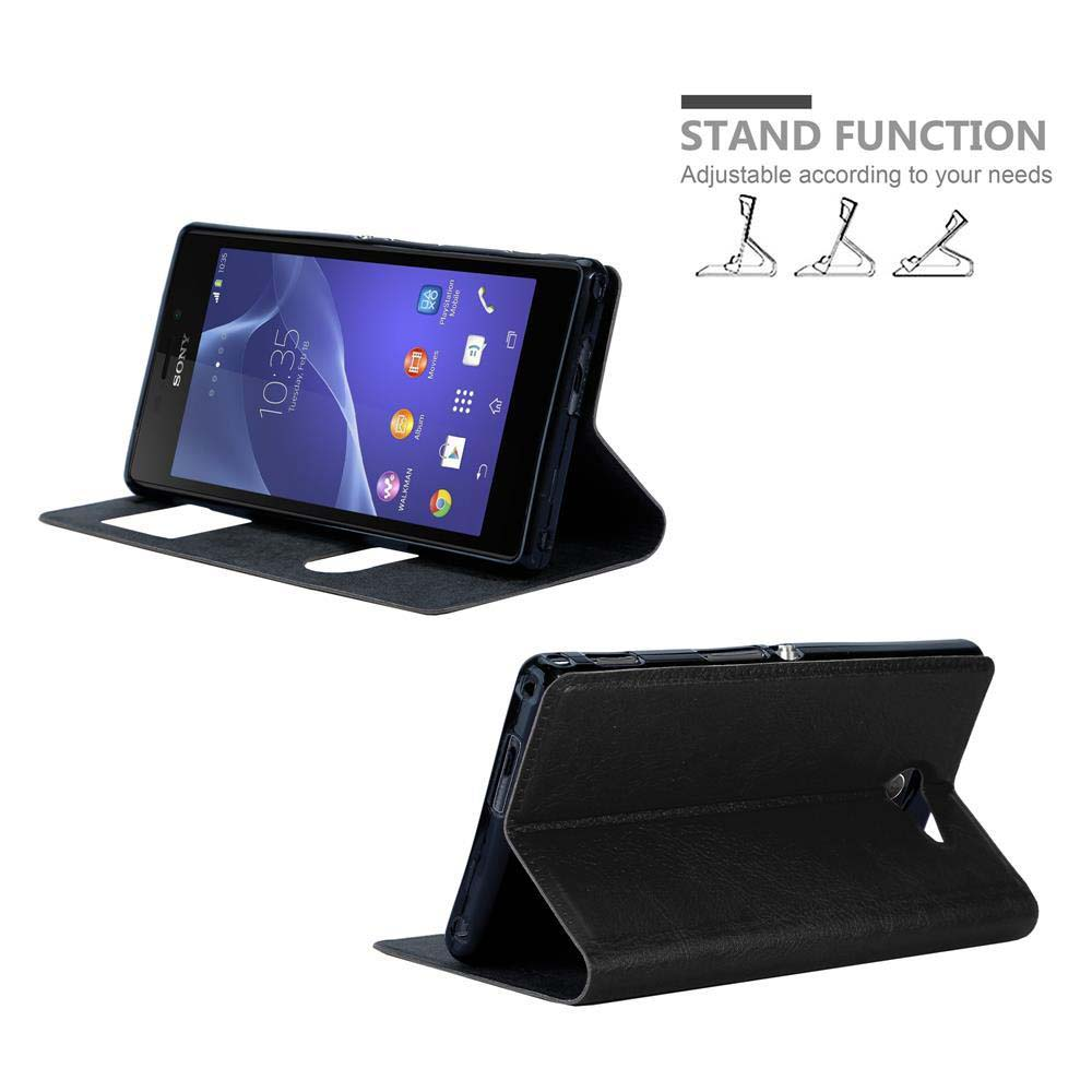 Funda negra para teléfono abierta, teléfono dentro en función de soporte. Ajustable según sus necesidades.