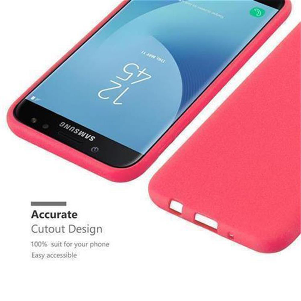 Custodia rossa per telefono con telefono. Il testo recita 'Accurato Cutout Design'. Il telefono mostra l'ora.